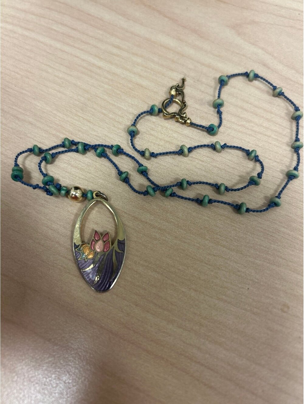 Asian Inspired Enamel Cloisonné  Floral Pendant on Blue Cord Beaded Necklace